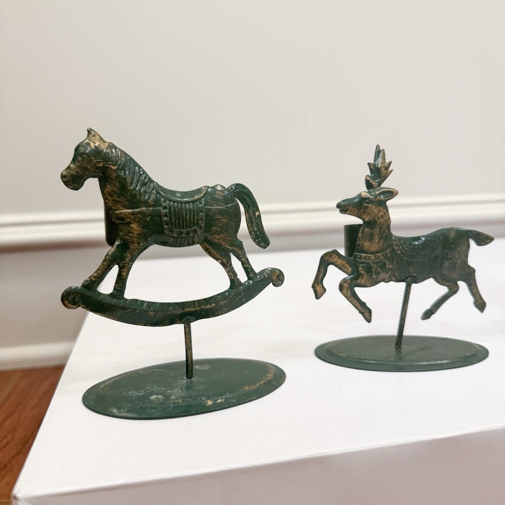 4 Vintage Green And Gold Metal Christmas Candle Stick Holders Holiday - Picture 2 of 7